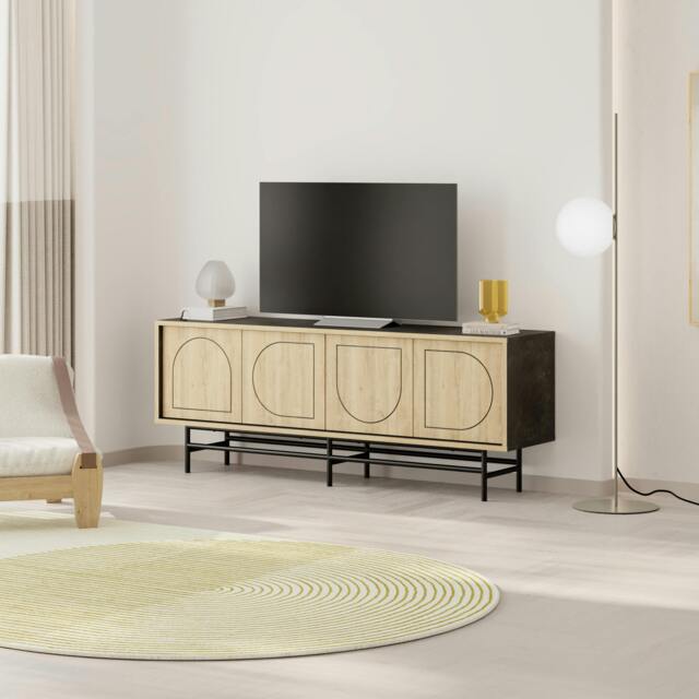 Rackhams Modern TV Stand & Cabinet with 4 Doors, Laser-Cut Design, Fits up to 58-Inch TVs, Soft-Close Metal Legs, Oak-Moss Green - Oak Moss Green - image 1