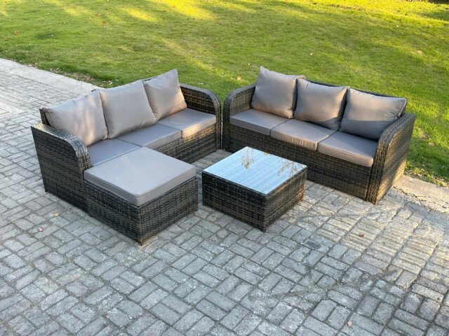 Rackhams Indoor Outdoor Rattan Garden Furniture 7 Seater Set Table Sofa Chair Patio Conservatory with Grey Cushions Big Footstool - image 1