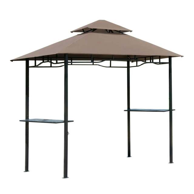 Rackhams 2.5x1.5m (8'x5') Grill Gazebo Canopy, Double Tiered Outdoor BBQ Gazebo Shelter with 2 Side Shelves for Garden, Patio, Barbecue, Picnic, Coffee - Brown - image 1