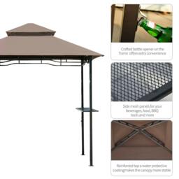 Rackhams 2.5x1.5m (8'x5') Grill Gazebo Canopy, Double Tiered Outdoor BBQ Gazebo Shelter with 2 Side Shelves for Garden, Patio, Barbecue, Picnic, Coffee - Brown - thumbnail 5
