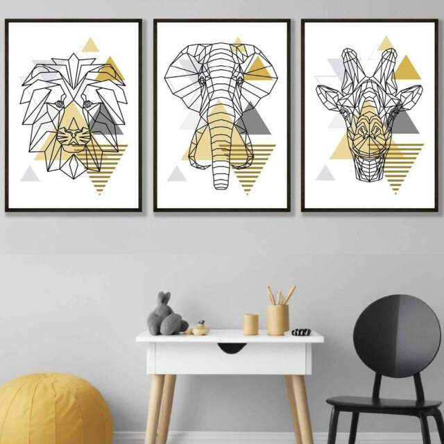 Rackhams Yellow Geometric Giraffe Lion Elephant Set of 3 Framed Wall Art - 30x42cm (A3) - Black - image 1