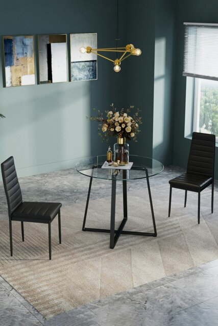 Rackhams 3pcs Set of Round Dining Table & 2 High Back Leather Dining Chairs Tempered Glass Table Set - Black