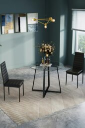 Rackhams 3pcs Set of Round Dining Table & 2 High Back Leather Dining Chairs Tempered Glass Table Set - Black