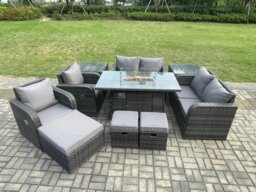 Rackhams Rattan Outdoor Garden Furniture Set with Gas Fire Pit Table, 2 Sofas, 2 Chairs, 3 Footstools, 2 Side Tables - 9 Seater - Dark Grey - thumbnail 1