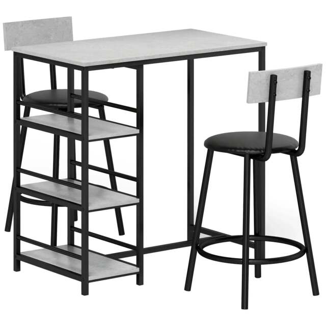 Rackhams Three-Piece Kitchen Dining Set, with Shelves - Grey/Black