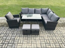 Rackhams Outdoor Furniture Garden Dining Set Rattan Corner Sofa Chair Set Rectangular Dining Table with Temper Glass Footstools Dark Grey Mixed - thumbnail 2