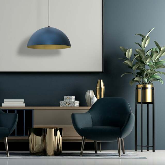 Rackhams Beta Hand Made Designer Pendant Lamp 45cm 1xE27 In Matt Blue With Gold Interior - image 1