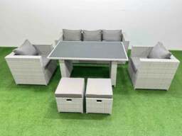 Rackhams Patio Garden Furniture Sets with Black Glass Top Dining Table Armchair 3 Seater Sofa 2 Small Stool Light Grey - thumbnail 1
