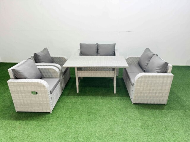 Rackhams 6 Seater Outdoor Reclining Chair Love Sofa Set Rattan Garden Furniture Set with Rectangular Dining Table Light Grey - image 1