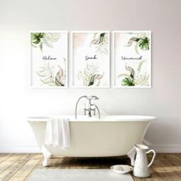 Rackhams Bathroom with art - Set of 3 Tropical wall art prints - A4 8.27 x 11.69 in / 21 x 29.7 cm - Satin Photo paper 280 gsm - Oak Frame - thumbnail 4