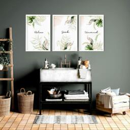 Rackhams Bathroom with art - Set of 3 Tropical wall art prints - A4 8.27 x 11.69 in / 21 x 29.7 cm - Satin Photo paper 280 gsm - Oak Frame - thumbnail 3