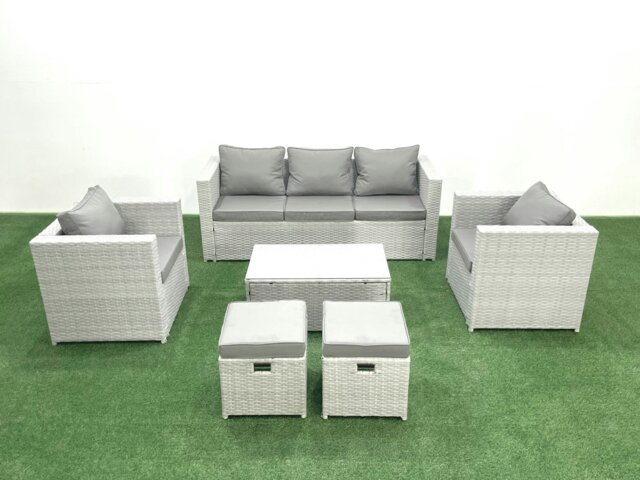 Rackhams Rattan Garden Furniture Set with 3 Seater Sofa 2 Chair Rectangular Coffee Table 2 Small Footstools Light Grey Mixed 7 Seater - image 1