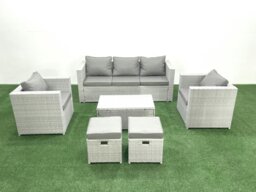 Rackhams Rattan Garden Furniture Set with 3 Seater Sofa 2 Chair Rectangular Coffee Table 2 Small Footstools Light Grey Mixed 7 Seater - thumbnail 2