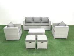 Rackhams Rattan Garden Furniture Set with 3 Seater Sofa 2 Chair Rectangular Coffee Table 2 Small Footstools Light Grey Mixed 7 Seater - thumbnail 1