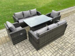 Rackhams 8 Seater PE Rattan Outdoor Garden Furniture Sets Height Adjustable Rising lifting DiningTable Sofa Set with Reclining Chair Dark Grey Mixed - thumbnail 1