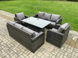 Rackhams 8 Seater PE Rattan Outdoor Garden Furniture Sets Height Adjustable Rising lifting DiningTable Sofa Set with Reclining Chair Dark Grey Mixed - thumbnail 2