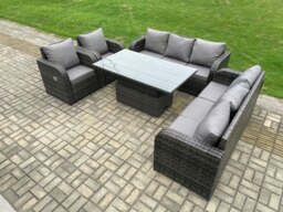 Rackhams 8 Seater PE Rattan Outdoor Garden Furniture Sets Height Adjustable Rising lifting DiningTable Sofa Set with Reclining Chair Dark Grey Mixed - thumbnail 3