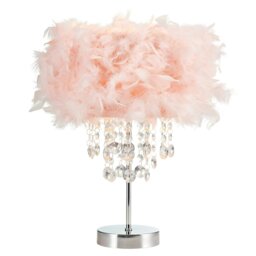 Rackhams Modern Chandelier Style Pink Feather Table Lamp with Waterfall Acrylic Droplets