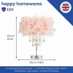 Rackhams Modern Chandelier Style Pink Feather Table Lamp with Waterfall Acrylic Droplets - thumbnail 4
