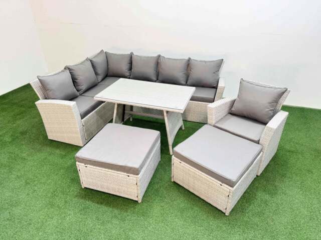 Rackhams Garden Outdoor Rattan Furniture Set Rattan Corner Sofa Oblong Dining Table with Armchair 2 Big Footstools Light Grey Mixed 9 Seater - image 1