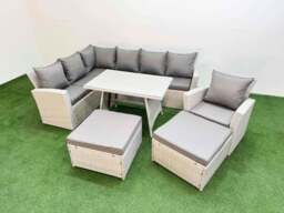 Rackhams Garden Outdoor Rattan Furniture Set Rattan Corner Sofa Oblong Dining Table with Armchair 2 Big Footstools Light Grey Mixed 9 Seater - thumbnail 1