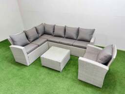 Rackhams Outdoor Rattan Garden Furniture Set 7 Seater Corner Sofa Sets with Square Coffee Table Chair Light Grey Mixed - thumbnail 2