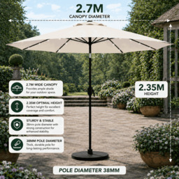 Rackhams Garden Parasol Solar LED 2.7M ,Tilting Table Umbrella with Crank Handle, Protection UV40, Includes Parasol Cover- Cream - thumbnail 2