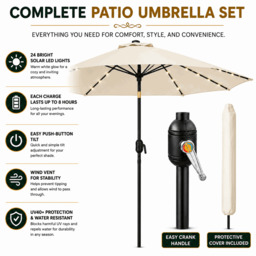 Rackhams Garden Parasol Solar LED 2.7M ,Tilting Table Umbrella with Crank Handle, Protection UV40, Includes Parasol Cover- Cream - thumbnail 5