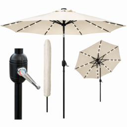 Rackhams Garden Parasol Solar LED 2.7M ,Tilting Table Umbrella with Crank Handle, Protection UV40, Includes Parasol Cover- Cream