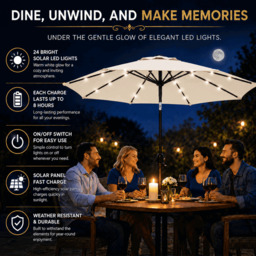 Rackhams Garden Parasol Solar LED 2.7M ,Tilting Table Umbrella with Crank Handle, Protection UV40, Includes Parasol Cover- Cream - thumbnail 4