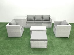 Rackhams Rattan Garden Furniture Set with 3 Seater Sofa 2 Chair Rectangular Coffee Table Big Footstool Side Table Light Grey Mixed 6 Seater - thumbnail 1