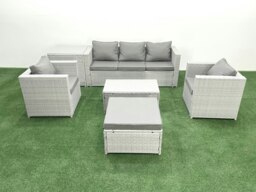 Rackhams Rattan Garden Furniture Set with 3 Seater Sofa 2 Chair Rectangular Coffee Table Big Footstool Side Table Light Grey Mixed 6 Seater - thumbnail 2
