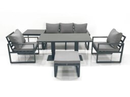 Rackhams Outdoor Aluminium Garden Furniture Set with Adjustable Rising Lifting Dining Table 3 Seater Sofa 2 Chair Big Footstool Side Table Dark Grey - thumbnail 2