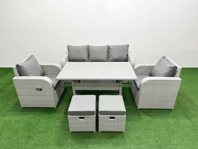 Rackhams PE Rattan Garden Furniture Set Reclining Chair Sofa Lounge Sofa Set Rectangular Dining Table 2 Small Stools Light Grey - image 1