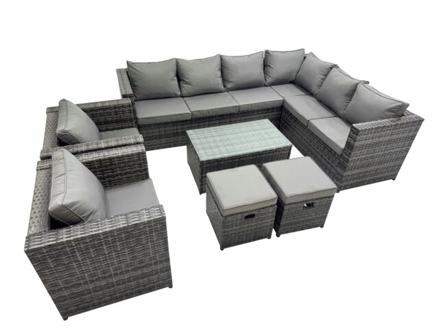 Rackhams Patio Sofa Oblong Coffee Table Set Rattan Garden Furniture Set with 2 Chairs 2 Small Stools Dark Grey Mixed - image 1