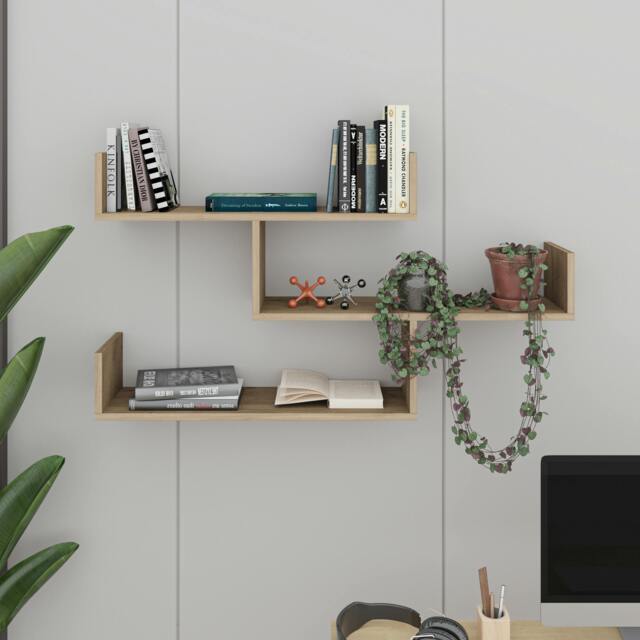 Rackhams Modern Tibet Wall Mounted Shelf Floating Bookcase Display Unit 66.5x119x22cm - Natural Oak - image 1