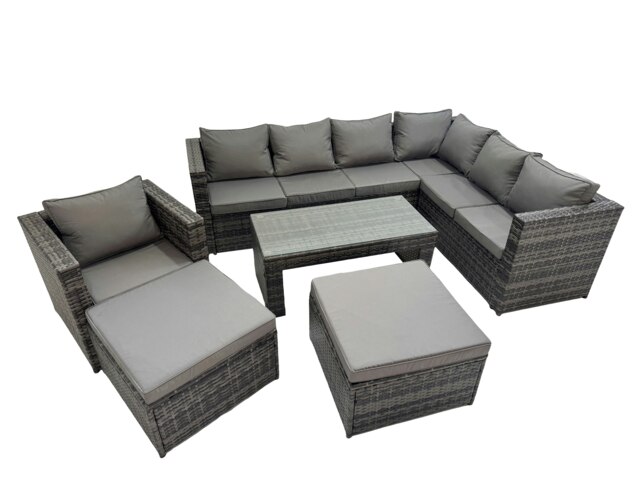 Rackhams Outdoor Rattan Oblong Coffee Table Corner Sofa Sets Garden Furniture Sets with Chair 2 Big Stools Dark Grey Mixed - image 1