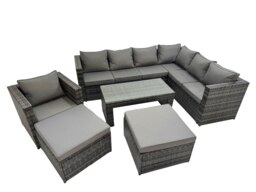 Rackhams Outdoor Rattan Oblong Coffee Table Corner Sofa Sets Garden Furniture Sets with Chair 2 Big Stools Dark Grey Mixed - thumbnail 1