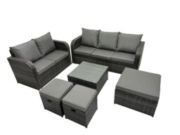 Rackhams Wicker PE Rattan Garden Outdoor Furniture Set Love Sofa Square Coffee Table Set with 3 Stools Dark Grey Mixed - thumbnail 2