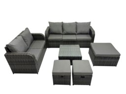 Rackhams Wicker PE Rattan Garden Outdoor Furniture Set Love Sofa Square Coffee Table Set with 3 Stools Dark Grey Mixed - thumbnail 1