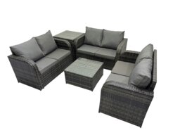 Rackhams Rattan Garden Outdoor Furniture Set Love Sofa Square Coffee Table Set with Side Table Dark Grey Mixed - thumbnail 2