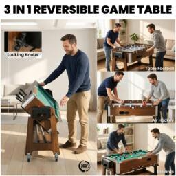 Rackhams 3 in 1 Reversible Multi Games Table with Lockable Wheels and Shelf - thumbnail 4