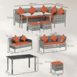 Rackhams 5Pcs Rattan Dining Corner Sofa Set, Garden Furniture Set, Orange - Modular sofa - 5 - PE Rattan, Metal, Polyester, Tempered glass - thumbnail 3