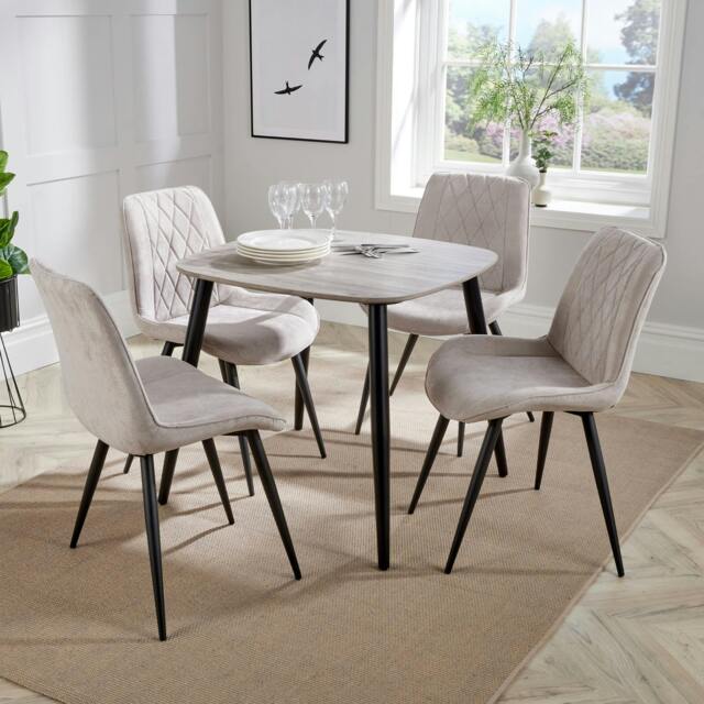 Rackhams Aspen Dining Set - Grey Oak-Effect Square Table & 4 Upholstered Diamond Stitch Fabric Chairs - Natural - image 1