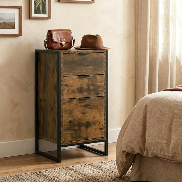 Rackhams Industrial 3-Drawer Bedroom Chest of Drawers with Metal Frame, Brown - image 1