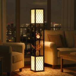 Rackhams Floor Lamp with Shelves, Modern Tall Standing Lamps with Fabric Lampshade, Chain Switch and Dual Light, Bulb not Included, Black - thumbnail 2
