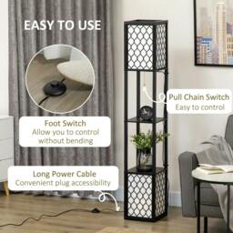 Rackhams Floor Lamp with Shelves, Modern Tall Standing Lamps with Fabric Lampshade, Chain Switch and Dual Light, Bulb not Included, Black - thumbnail 6