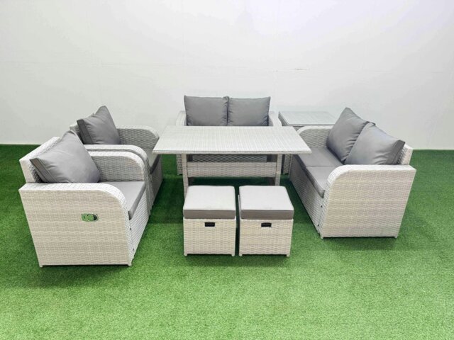 Rackhams 8 Seater Outdoor Reclining Chair Love Sofa Set Rattan Garden Furniture Set with Rectangular Dining Table 2 Stools Side Table Light Grey - image 1