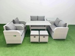Rackhams 8 Seater Outdoor Reclining Chair Love Sofa Set Rattan Garden Furniture Set with Rectangular Dining Table 2 Stools Side Table Light Grey - thumbnail 1