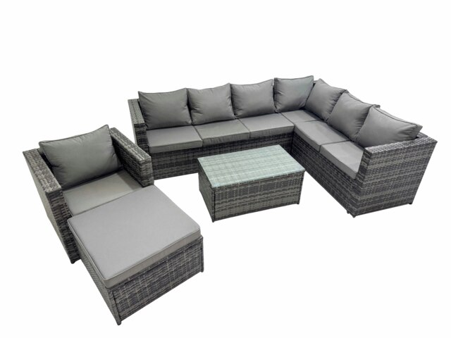 Rackhams Patio Sofa Oblong Coffee Table Set Rattan Garden Furniture Set with Big Stool Chair Dark Grey Mixed - image 1
